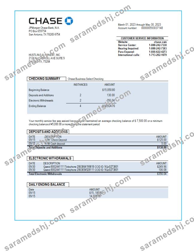 Chase bank business checking account statement Word and PDF template